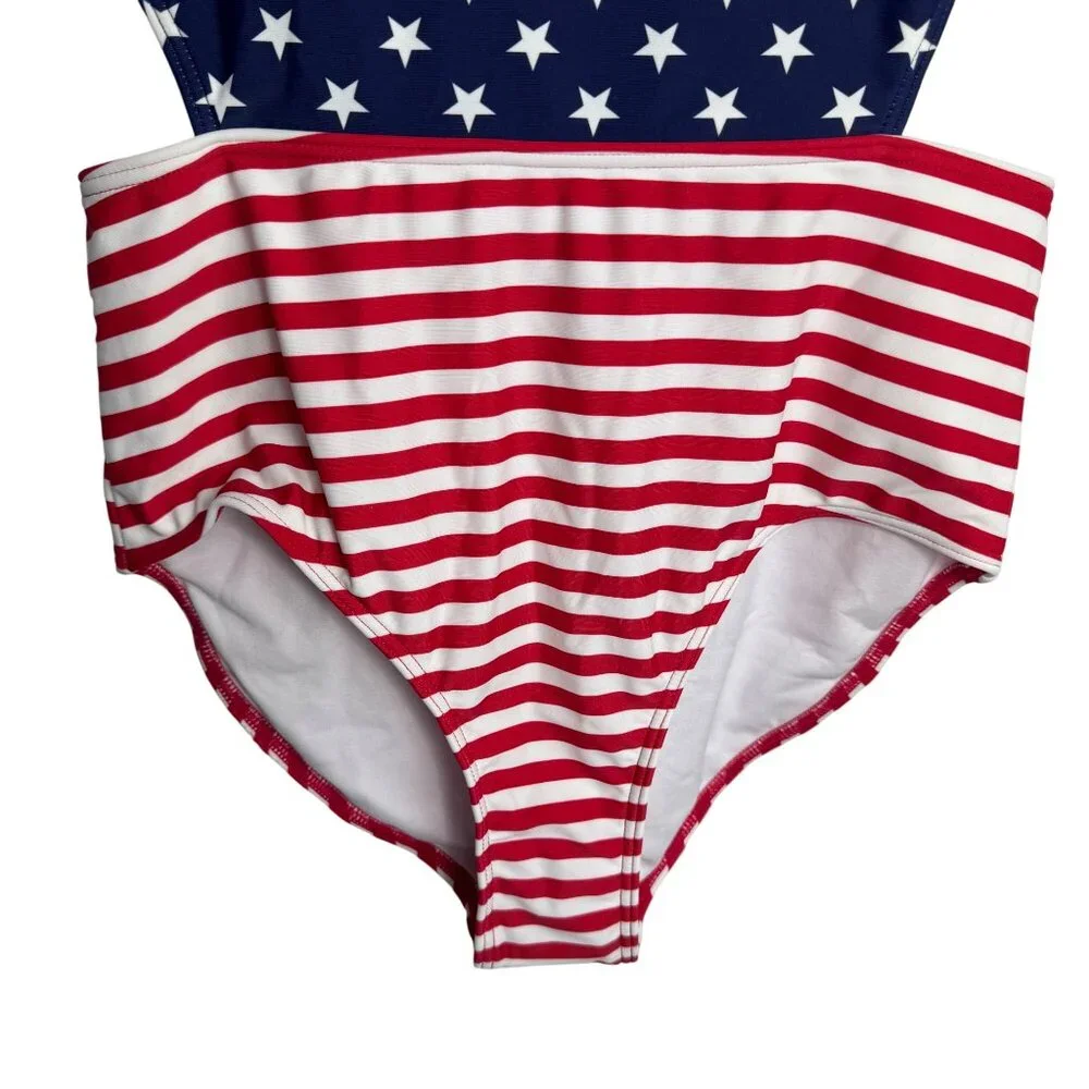 Okanu American Flag One Piece Swimsuit Stars & Stripes Cutout Design Girls Sz 16